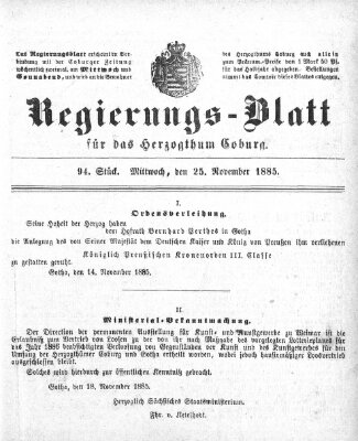 Regierungs-Blatt für das Herzogtum Coburg (Coburger Regierungs-Blatt) Mittwoch 25. November 1885