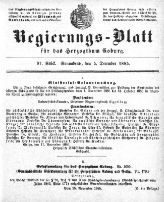 Regierungs-Blatt für das Herzogtum Coburg (Coburger Regierungs-Blatt) Samstag 5. Dezember 1885