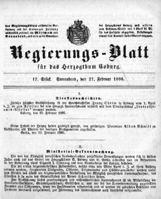 Regierungs-Blatt für das Herzogtum Coburg (Coburger Regierungs-Blatt) Samstag 27. Februar 1886