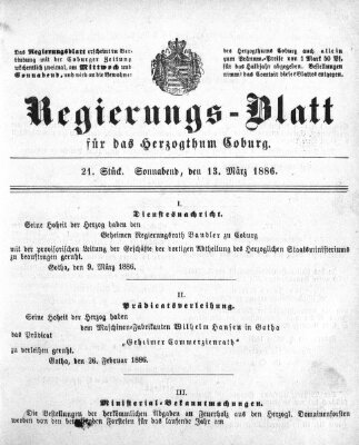 Regierungs-Blatt für das Herzogtum Coburg (Coburger Regierungs-Blatt) Samstag 13. März 1886