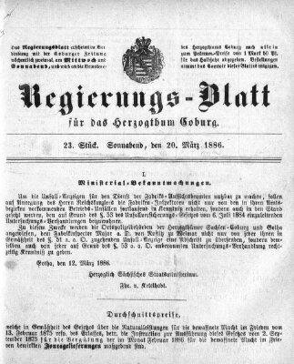 Regierungs-Blatt für das Herzogtum Coburg (Coburger Regierungs-Blatt) Samstag 20. März 1886