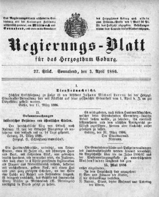 Regierungs-Blatt für das Herzogtum Coburg (Coburger Regierungs-Blatt) Samstag 3. April 1886