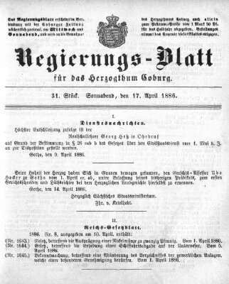 Regierungs-Blatt für das Herzogtum Coburg (Coburger Regierungs-Blatt) Samstag 17. April 1886