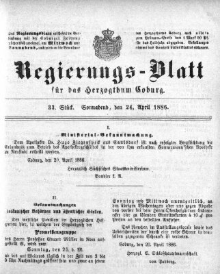 Regierungs-Blatt für das Herzogtum Coburg (Coburger Regierungs-Blatt) Samstag 24. April 1886