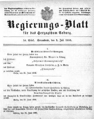 Regierungs-Blatt für das Herzogtum Coburg (Coburger Regierungs-Blatt) Samstag 3. Juli 1886