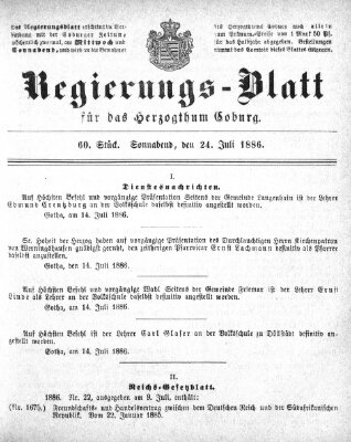 Regierungs-Blatt für das Herzogtum Coburg (Coburger Regierungs-Blatt) Samstag 24. Juli 1886