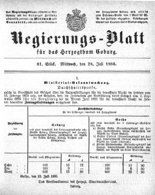 Regierungs-Blatt für das Herzogtum Coburg (Coburger Regierungs-Blatt) Mittwoch 28. Juli 1886