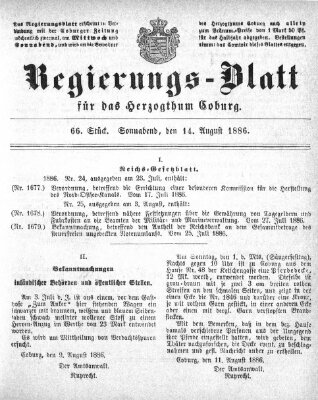 Regierungs-Blatt für das Herzogtum Coburg (Coburger Regierungs-Blatt) Samstag 14. August 1886