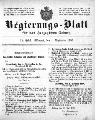 Regierungs-Blatt für das Herzogtum Coburg (Coburger Regierungs-Blatt) Mittwoch 1. September 1886