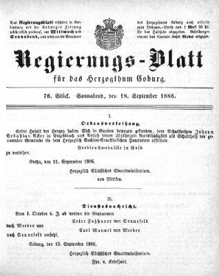 Regierungs-Blatt für das Herzogtum Coburg (Coburger Regierungs-Blatt) Samstag 18. September 1886