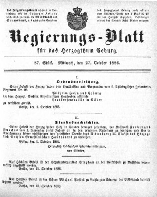 Regierungs-Blatt für das Herzogtum Coburg (Coburger Regierungs-Blatt) Mittwoch 27. Oktober 1886