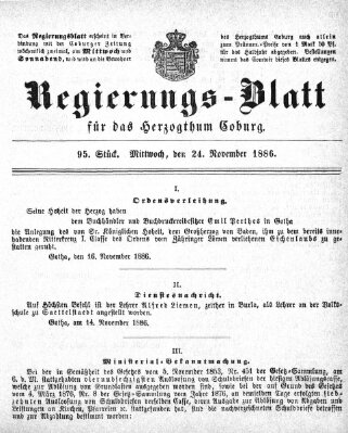 Regierungs-Blatt für das Herzogtum Coburg (Coburger Regierungs-Blatt) Mittwoch 24. November 1886