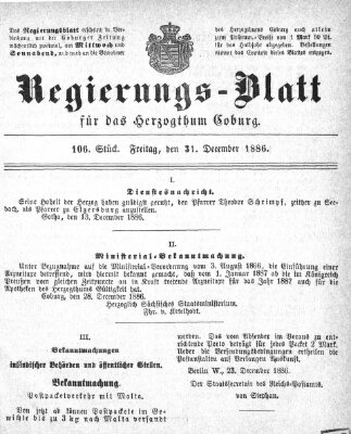 Regierungs-Blatt für das Herzogtum Coburg (Coburger Regierungs-Blatt) Freitag 31. Dezember 1886