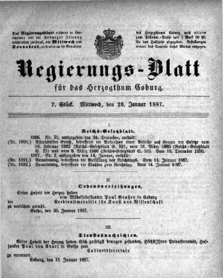 Regierungs-Blatt für das Herzogtum Coburg (Coburger Regierungs-Blatt) Mittwoch 26. Januar 1887