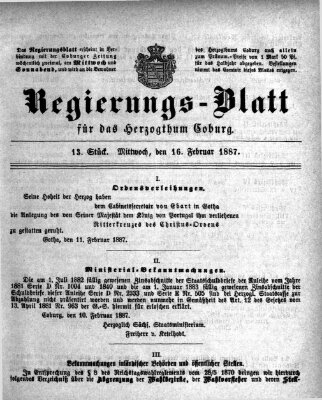 Regierungs-Blatt für das Herzogtum Coburg (Coburger Regierungs-Blatt) Mittwoch 16. Februar 1887