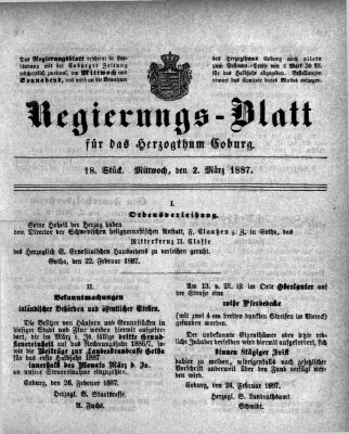 Regierungs-Blatt für das Herzogtum Coburg (Coburger Regierungs-Blatt) Mittwoch 2. März 1887