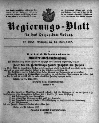 Regierungs-Blatt für das Herzogtum Coburg (Coburger Regierungs-Blatt) Mittwoch 16. März 1887