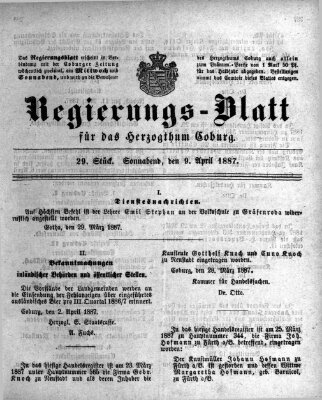 Regierungs-Blatt für das Herzogtum Coburg (Coburger Regierungs-Blatt) Samstag 9. April 1887