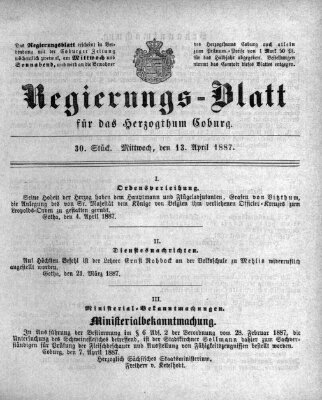 Regierungs-Blatt für das Herzogtum Coburg (Coburger Regierungs-Blatt) Mittwoch 13. April 1887