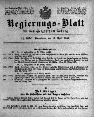 Regierungs-Blatt für das Herzogtum Coburg (Coburger Regierungs-Blatt) Samstag 16. April 1887