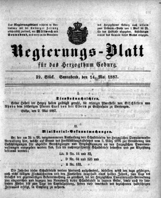 Regierungs-Blatt für das Herzogtum Coburg (Coburger Regierungs-Blatt) Samstag 14. Mai 1887