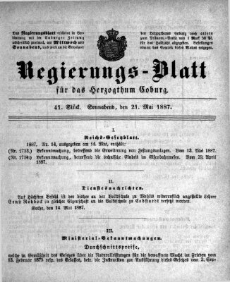 Regierungs-Blatt für das Herzogtum Coburg (Coburger Regierungs-Blatt) Samstag 21. Mai 1887