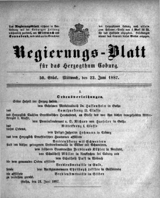 Regierungs-Blatt für das Herzogtum Coburg (Coburger Regierungs-Blatt) Mittwoch 22. Juni 1887