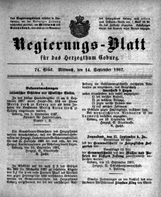 Regierungs-Blatt für das Herzogtum Coburg (Coburger Regierungs-Blatt) Mittwoch 14. September 1887