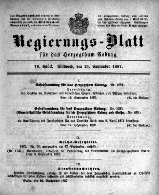 Regierungs-Blatt für das Herzogtum Coburg (Coburger Regierungs-Blatt) Mittwoch 21. September 1887