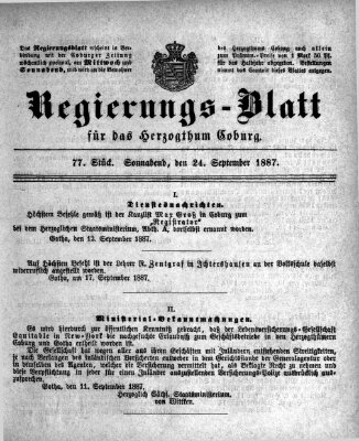 Regierungs-Blatt für das Herzogtum Coburg (Coburger Regierungs-Blatt) Samstag 24. September 1887