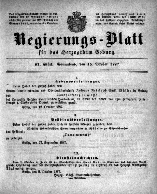 Regierungs-Blatt für das Herzogtum Coburg (Coburger Regierungs-Blatt) Samstag 15. Oktober 1887