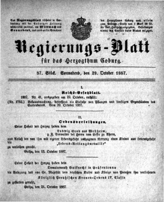 Regierungs-Blatt für das Herzogtum Coburg (Coburger Regierungs-Blatt) Samstag 29. Oktober 1887