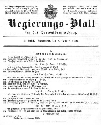 Regierungs-Blatt für das Herzogtum Coburg (Coburger Regierungs-Blatt) Samstag 7. Januar 1888