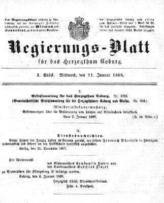 Regierungs-Blatt für das Herzogtum Coburg (Coburger Regierungs-Blatt) Mittwoch 11. Januar 1888