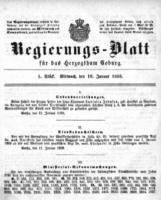 Regierungs-Blatt für das Herzogtum Coburg (Coburger Regierungs-Blatt) Mittwoch 18. Januar 1888