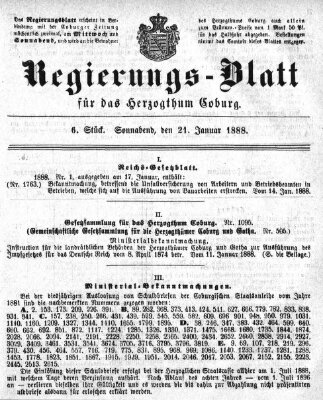 Regierungs-Blatt für das Herzogtum Coburg (Coburger Regierungs-Blatt) Samstag 21. Januar 1888