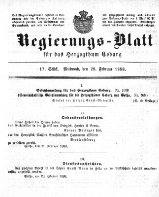 Regierungs-Blatt für das Herzogtum Coburg (Coburger Regierungs-Blatt) Mittwoch 29. Februar 1888