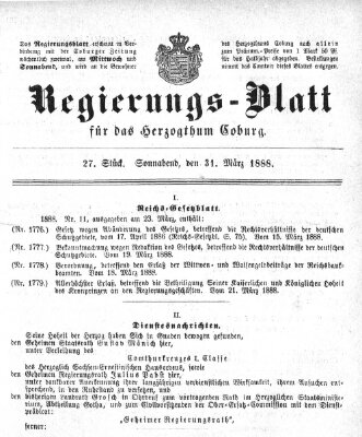 Regierungs-Blatt für das Herzogtum Coburg (Coburger Regierungs-Blatt) Samstag 31. März 1888