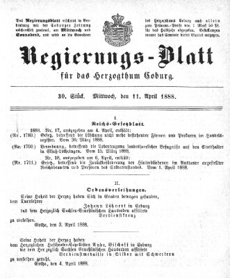 Regierungs-Blatt für das Herzogtum Coburg (Coburger Regierungs-Blatt) Mittwoch 11. April 1888