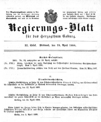 Regierungs-Blatt für das Herzogtum Coburg (Coburger Regierungs-Blatt) Mittwoch 18. April 1888