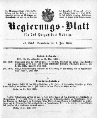 Regierungs-Blatt für das Herzogtum Coburg (Coburger Regierungs-Blatt) Samstag 2. Juni 1888