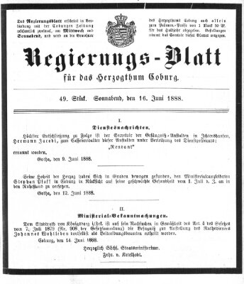 Regierungs-Blatt für das Herzogtum Coburg (Coburger Regierungs-Blatt) Samstag 16. Juni 1888