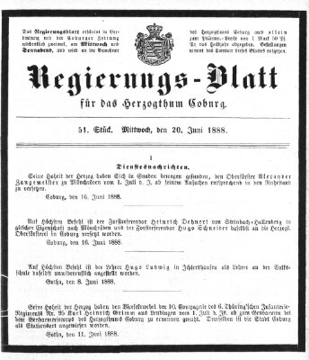 Regierungs-Blatt für das Herzogtum Coburg (Coburger Regierungs-Blatt) Mittwoch 20. Juni 1888