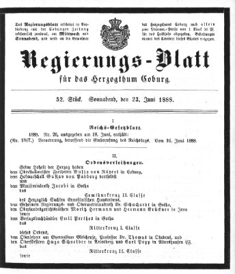 Regierungs-Blatt für das Herzogtum Coburg (Coburger Regierungs-Blatt) Samstag 23. Juni 1888