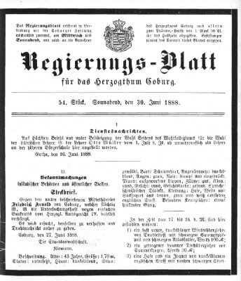 Regierungs-Blatt für das Herzogtum Coburg (Coburger Regierungs-Blatt) Samstag 30. Juni 1888