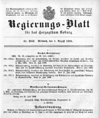 Regierungs-Blatt für das Herzogtum Coburg (Coburger Regierungs-Blatt) Mittwoch 1. August 1888