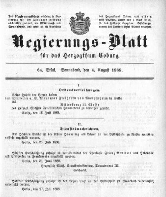 Regierungs-Blatt für das Herzogtum Coburg (Coburger Regierungs-Blatt) Samstag 4. August 1888