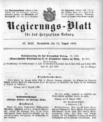 Regierungs-Blatt für das Herzogtum Coburg (Coburger Regierungs-Blatt) Samstag 11. August 1888