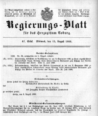 Regierungs-Blatt für das Herzogtum Coburg (Coburger Regierungs-Blatt) Mittwoch 15. August 1888