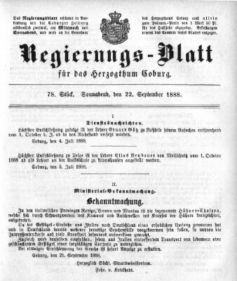 Regierungs-Blatt für das Herzogtum Coburg (Coburger Regierungs-Blatt) Samstag 22. September 1888